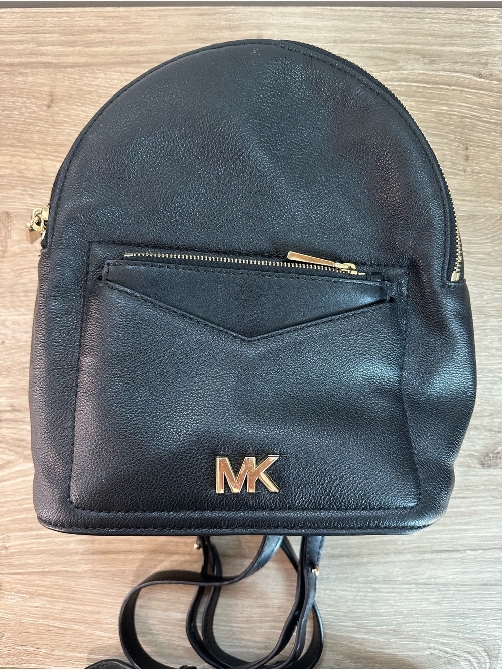 Michael Kors Black Leather Mini Backpack with Gold MK Logo